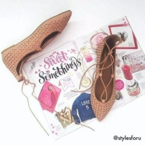 Shoes - Blush lazer cut design lace up pointed toe flats pink slip on